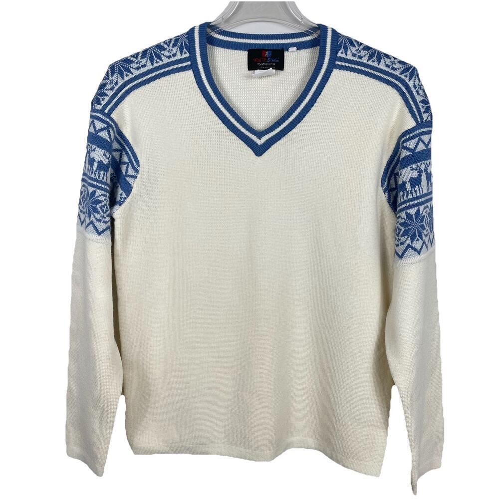Vintage 70s Ski Sweater Men's L Blue White Fairisle Nordic Reindeer Holiday
